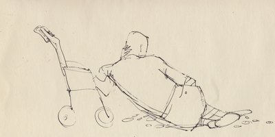 Mies nojaa rattaita vasten rannalla, c1950. tekijältä Shirley Markham