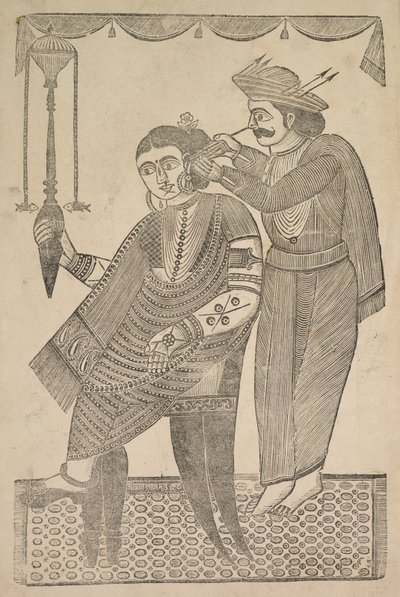 Parturi puhdistamassa kurtisaanin korvaa, 1800-luku. tekijältä Shri Gobinda Chandra Roy