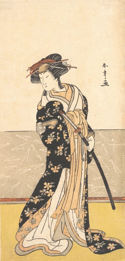 Näyttelijä Nakamura Riko, kurtisaanina miekalla, n. 1780. tekijältä Shunsho