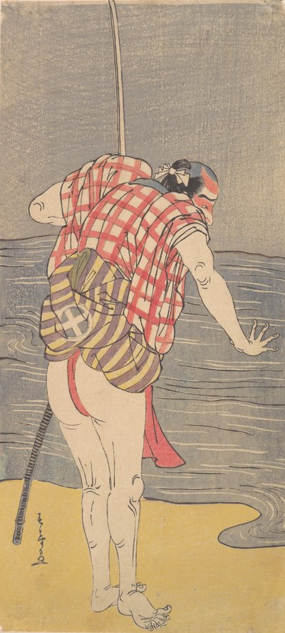 Näyttelijä Otani Hiroemon III miehenä, joka on valmis kahlaamaan mereen vedetyllä miekalla, n. 1775. tekijältä Shunsho