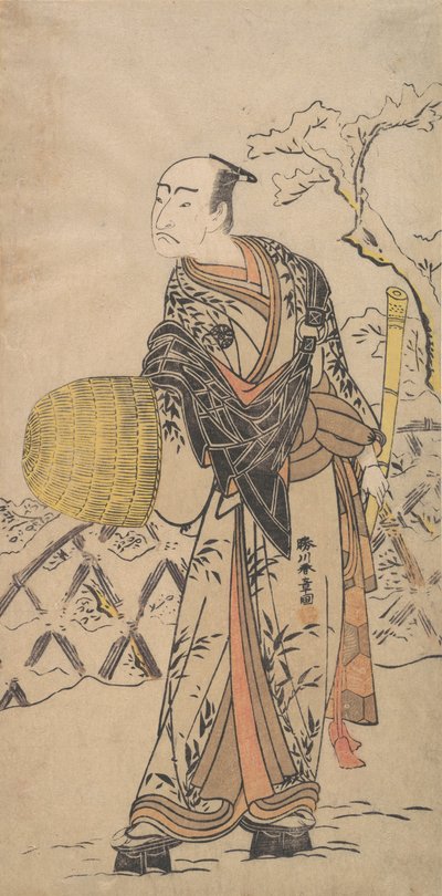 Ensimmäinen Nakamura Nakazo Komusona seisoo lumessa aidan vieressä, n. 1775. tekijältä Shunsho