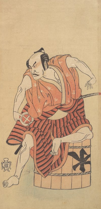 Kolmas Otani Hiroemon Otokodatena, joka istuu ylösalaisin käännetyllä kylpyammeella, 1768 tai 1769. tekijältä Shunsho