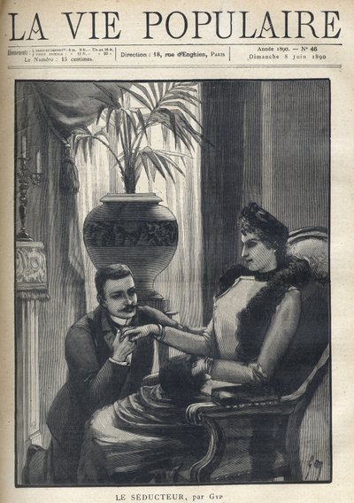 Mies polvillaan pitää tyylikkään naisen kädestä, istuu porvarillisessa olohuoneessa, päällään takki, hiha ja turkishuivi. Kuvitus Le Seducteur par Gyp (Sibylle Gabrielle Marie Antoinette Riquetti de Mirabeau, Martel d:n kreivitär) tekijältä Sibylle Gabrielle de Riquetti de Mirabeau