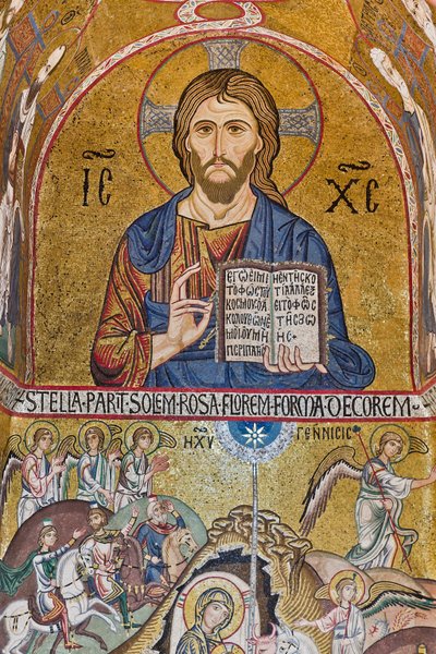 Palatinuksen kappeli (basilika), eteläinen apsidi tai Pyhän Paavalin "absidiola", mosaiikit: "Christ Pantocrator" ja "Nativity", XII vuosisata tekijältä Sicilian School