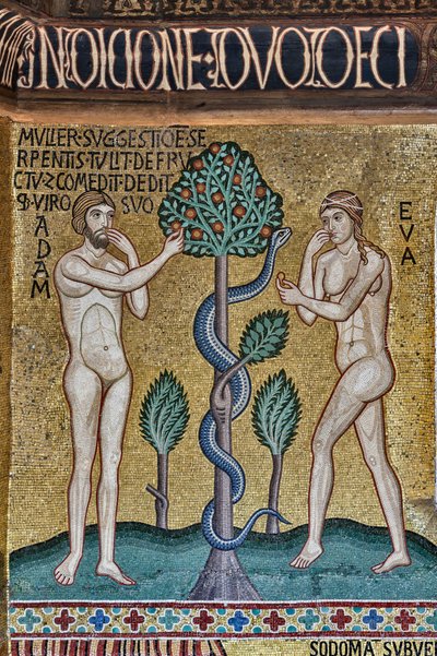 Palatinuksen kappeli (basilika), mosaiikkisykli Vanhasta testamentista, luomisjakso: "Perisynti", XII vuosisata tekijältä Sicilian School
