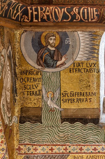 Palatinuksen kappeli (basilika), mosaiikkisykli Vanhasta testamentista, luomisjakso: "Fiat Lux Jumala luo valon ja jakaa vedet", XII vuosisata tekijältä Sicilian School