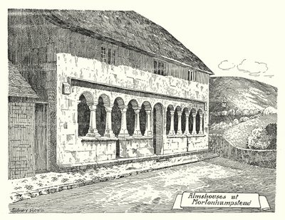 Almshouses Mortonhampsteadissa (kaiverrus) tekijältä Sidney Heath
