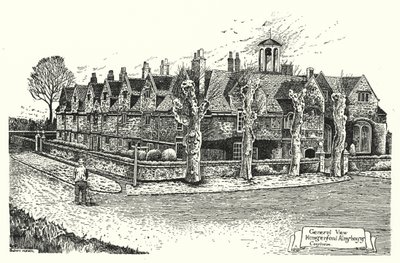 Yleisnäkymä, Hungerford Almshouses, Corsham (kaiverrus) tekijältä Sidney Heath