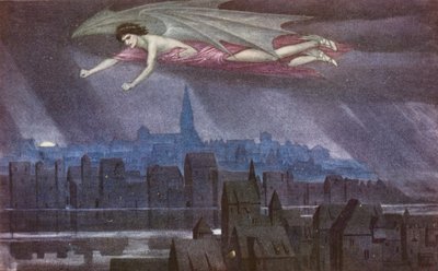 Kultainen legenda: Lucifer lentää kaupungin yllä (värilitografia). tekijältä Sidney Meteyard