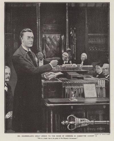 Joseph Chamberlainin puhe buurien sodasta alahuoneessa 2. elokuuta 1901 (litho) tekijältä Sidney Paget