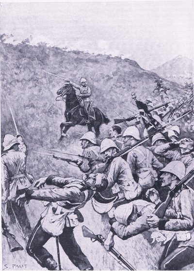 Langs Nek, 28. tammikuuta 1881 (1. buurisota), kuvitus brittiläisistä taisteluista maalla ja merellä, 1915 tekijältä Sidney Paget