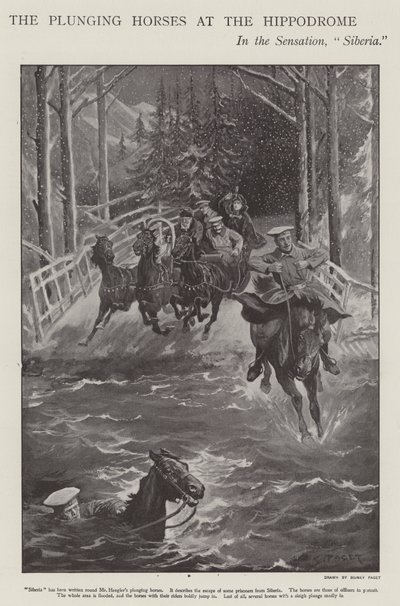 Uppoavat hevoset Siperiassa, esitys Lontoon Hippodromessa (litho) tekijältä Sidney Paget