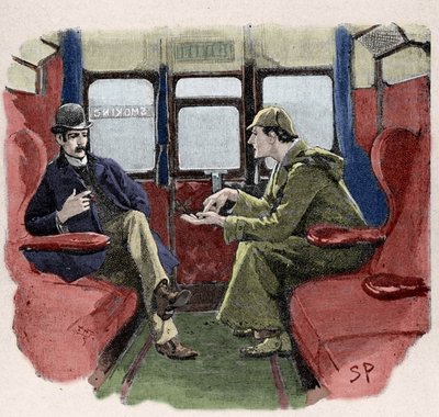 Silver Blaze: Sydney Pagetin esimerkki Sherlock Holmesin seikkailusta. Kuuluisa etsivä on edustettuna tohtori Watsonin kanssa junassa. Julkaistu "The Strand Magazinessa". Conan Doylen uutiset. 1892. tekijältä Sidney Paget