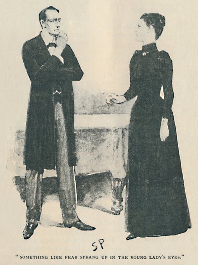 Jotain pelon kaltaista nousi nuoren naisen silmiin, 1892 tekijältä Sidney Paget