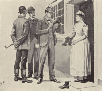 Piika näytti meille saappaat: kohtaus Sherlock Holmesin tarinasta The Boscombe Valley Mystery, kirjoittanut Arthur Conan Doyle (litho) tekijältä Sidney Paget