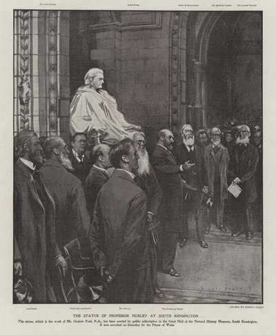 Professori Thomas Henry Huxleyn patsas Natural History Museumin suuressa salissa, South Kensington, Lontoo (litho) tekijältä Sidney Paget