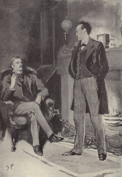 Sitten hän seisoi tulen ääressä: Arthur Conan Doylen (litho) kohtaus Sherlock Holmes -mysteeristä Skandaali Bohemiassa tekijältä Sidney Paget