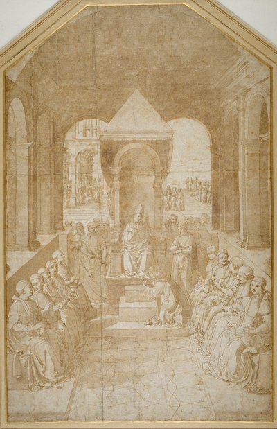 Aeneas Piccolomini suutelee paavi Eugeniuksen tossua Pinturicchion jälkeen (kynä ja ruskea muste pesulla paperille) tekijältä Sienese School