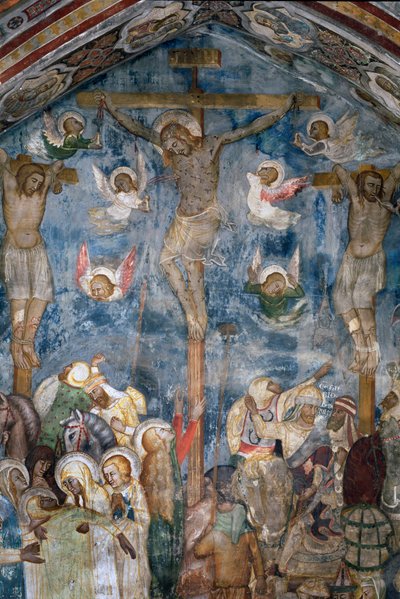 Kristuksen "INRI" ristiinnaulitseminen ristillä. Yksityiskohta Sienan koulun fresosta tekijältä Sienese School