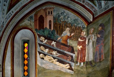 Kuolleiden tapaaminen elävien kanssa Sienan koulun freskon yksityiskohta. 1300-luvulla. Saint Benoitin luostari (Sacro Speco), portaikko, Subiaco (Rooma), Italia tekijältä Sienese School