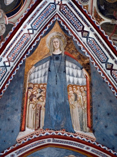 Neitsyt Marian kirkon äidin esitys Sienan koulun 1300-luvun fresko Neitsyt Marian kappelista - St. Benedetton luostari (Sacro Speco), Subiaco (Rooma), Italia tekijältä Sienese School