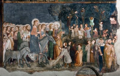 Sienan koulun Jerusalemin freskon sisäänkäynti. 1300-luvulla. Ylempi kirkko. Pyhän Benedetton luostari tekijältä Sienese School