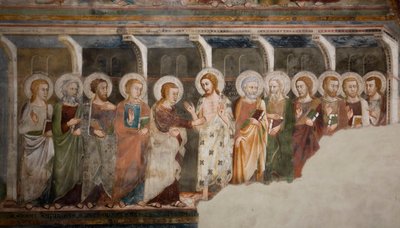 Sienan koulun apostoli Thomas Frescon epäuskoinen. 1300-luvulla. Ylempi kirkko. Pyhän Benedetton luostari (Sacro Speco), Subiaco (Rooma), Italia tekijältä Sienese School