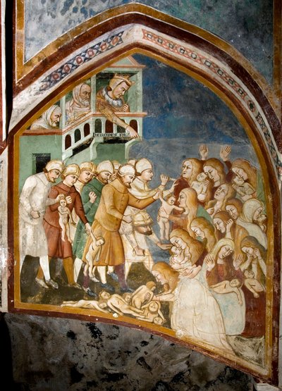 Sienan koulun freskon viattoman yksityiskohdan verilöyly (1300-luku) 1363-1366 Pyhän Benedetton luostari (Sacro Speco), Subiaco (Rooma), Italia tekijältä Sienese School