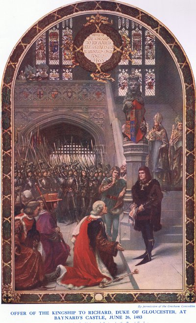 Tarjous kuninkuudesta Richard Gloucesterin herttualle Baynardsin linnassa 26. kesäkuuta 1483, Waverley Book Company Limitedin julkaisemasta Cassells History of the British People -teoksesta, n. 1940. tekijältä Sigismund Christian Hubert Goetze