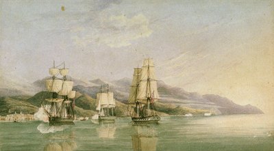 Hyökkäys kahdeksantoista ranskalaisen kauppa-aluksen saattueeseen Laigrelian ja Alassion kohdalla 27. kesäkuuta 1812, 1800-luvun alku (tussi, tussi, grafiitti, akvarelli). tekijältä Silas Thomson (attr.to) Hood