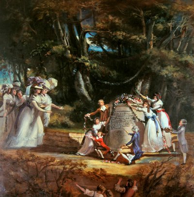 Orleansin herttuattaren lapset tervehtimässä äitiään muistomerkillä, jonka he pystyttivät hänen terveytensä palautumisen muistoksi vierailulla Spassa vuonna 1787 (öljy kankaalle) tekijältä Silvestre Mirys