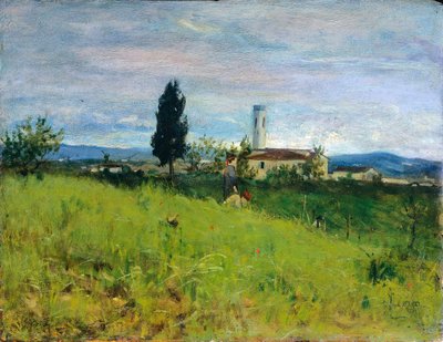 Kirkko maaseudulla, kirjoittanut Silvestro Lega (1826-1895), öljy paneelille, 29x38 cm tekijältä Silvestro Lega