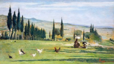Gabbro Landscape, kirjoittanut Silvestro Lega (1826-1895), öljy kankaalle, 34,5x61 cm. tekijältä Silvestro Lega