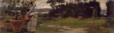Garden at Bellariva, noin 1884, kirjoittanut Silvestro Lega (1826-1895), öljy paneelille, 7x23,5 cm tekijältä Silvestro Lega
