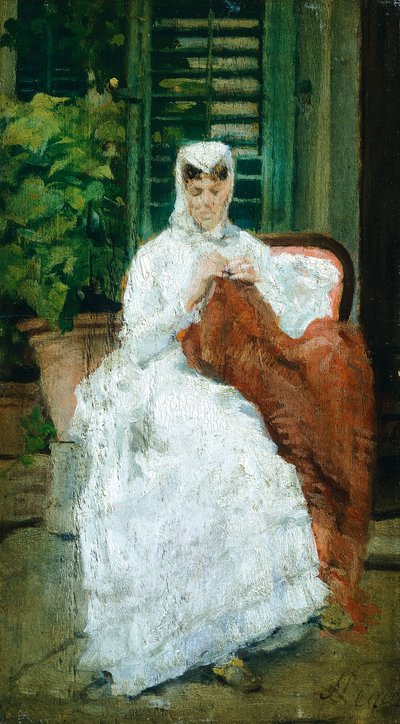 Naisten ompelu, Silvestro Lega (1826-1895), öljy paneelille, 27,5x15,5 cm tekijältä Silvestro Lega
