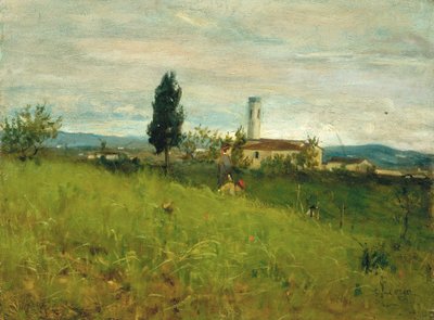 Pieni kirkko maaseudulla, noin 1877 (öljy kartongille). tekijältä Silvestro Lega