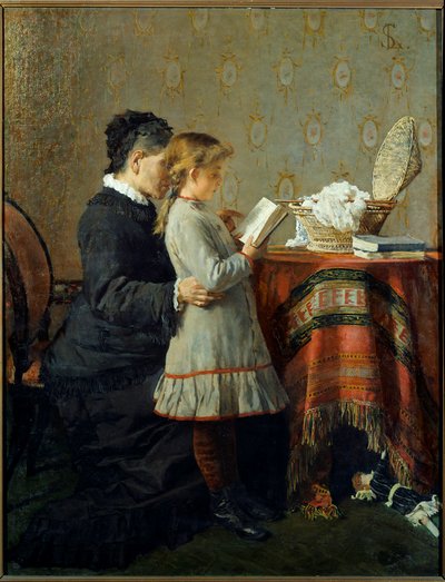 Lukutunti. Sairaanhoitaja oppii lukemaan pikkutyttöä. Silvestro Legan maalaus (1826-1895) Ec. Ital tekijältä Silvestro Lega