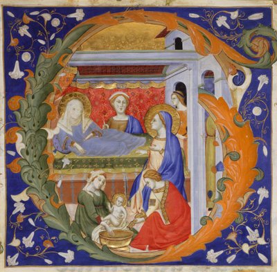 Käsikirjoituksen valaistus Neitsyen syntymällä alkukirjaimella G, asteittaisesta, n. 1375. tekijältä Silvestro dei Gherarducci