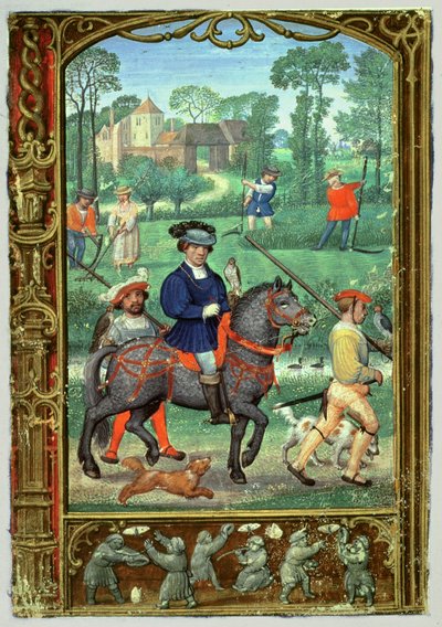 Lisää 24098 f.24v Heinäkuu: Haukkametsästys, heinänteko ja perhosten takaa-ajo, Book of Hours tai Golf Book, n.1520-30 (vellum) tekijältä Simon (workshop of) Bening