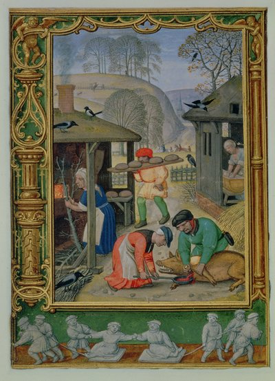 Lisää 24098 f.29v joulukuu: Ruoan valmistaminen talveksi, leivän teko ja sian tappaminen Tuntikirjasta tai Golfkirjasta, n. 1520-30 (vellum) tekijältä Simon (workshop of) Bening