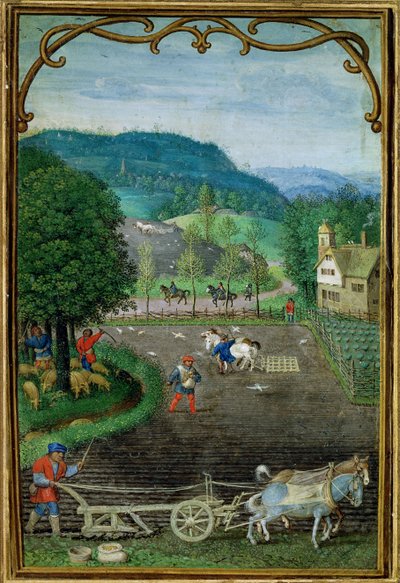 Lisää 18855 lokakuu: kyntö ja kylvö, Tuntikirjasta, n. 1540 tekijältä Simon Bening