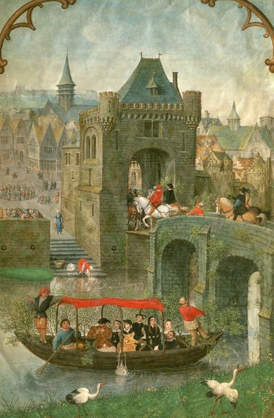 Lisävuosi 18855: Veneily toukokuussa, tuntikirjasta, n. 1540 tekijältä Simon Bening