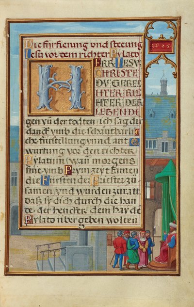 Rand mit einem gefangenen Propheten vor einem Fürsten oder König tekijältä Simon Bening