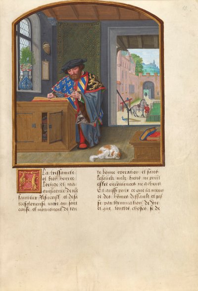 Golden Fleece -ritarikunnan aseiden kuningas Kirjoittaa Jacques de Lalaingista, n. 1530-1540 (tempera, kultalehti ja muste pergamentilla) tekijältä Simon Bening