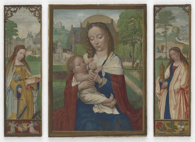 Neitsyt ja lapsi; Pyhät Katariina ja Barbara, n. 1520 (tempera perunakalvolla) tekijältä Simon Bening
