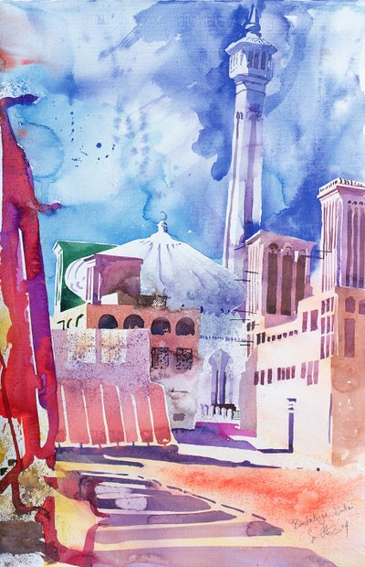 Bastakia, Dubai, 2004 (vesiväri paperille) tekijältä Simon Fletcher
