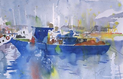 Sininen vene La spezia, Italia, 2002 (akvarelli). tekijältä Simon Fletcher