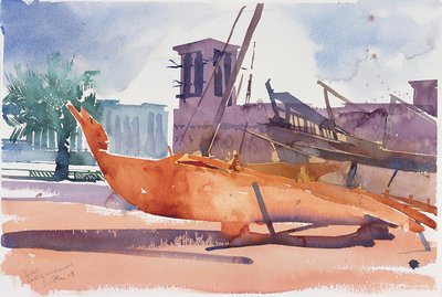 Dubai, veneet ja tuulitornit, 2004 (akvarelli paperille). tekijältä Simon Fletcher