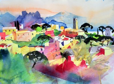 Ravello ja Salernon lahti, 2003 (akvarelli paperille) tekijältä Simon Fletcher