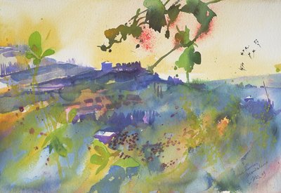 Kolme taloa Montalcino, Italia, 2003 (akvarelli) tekijältä Simon Fletcher
